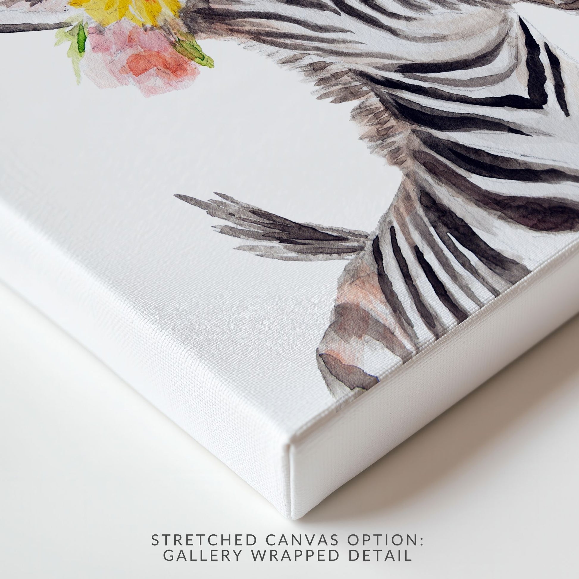 Stretched canvas print of watercolor zebra with tropical flower crown showing gallery-wrapped edges and texture