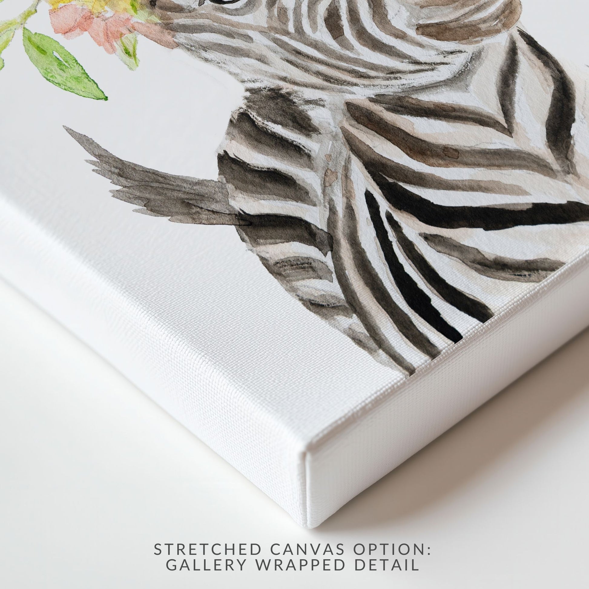 Stretched canvas print of watercolor zebra with wildflower crown showing gallery-wrapped edges and texture