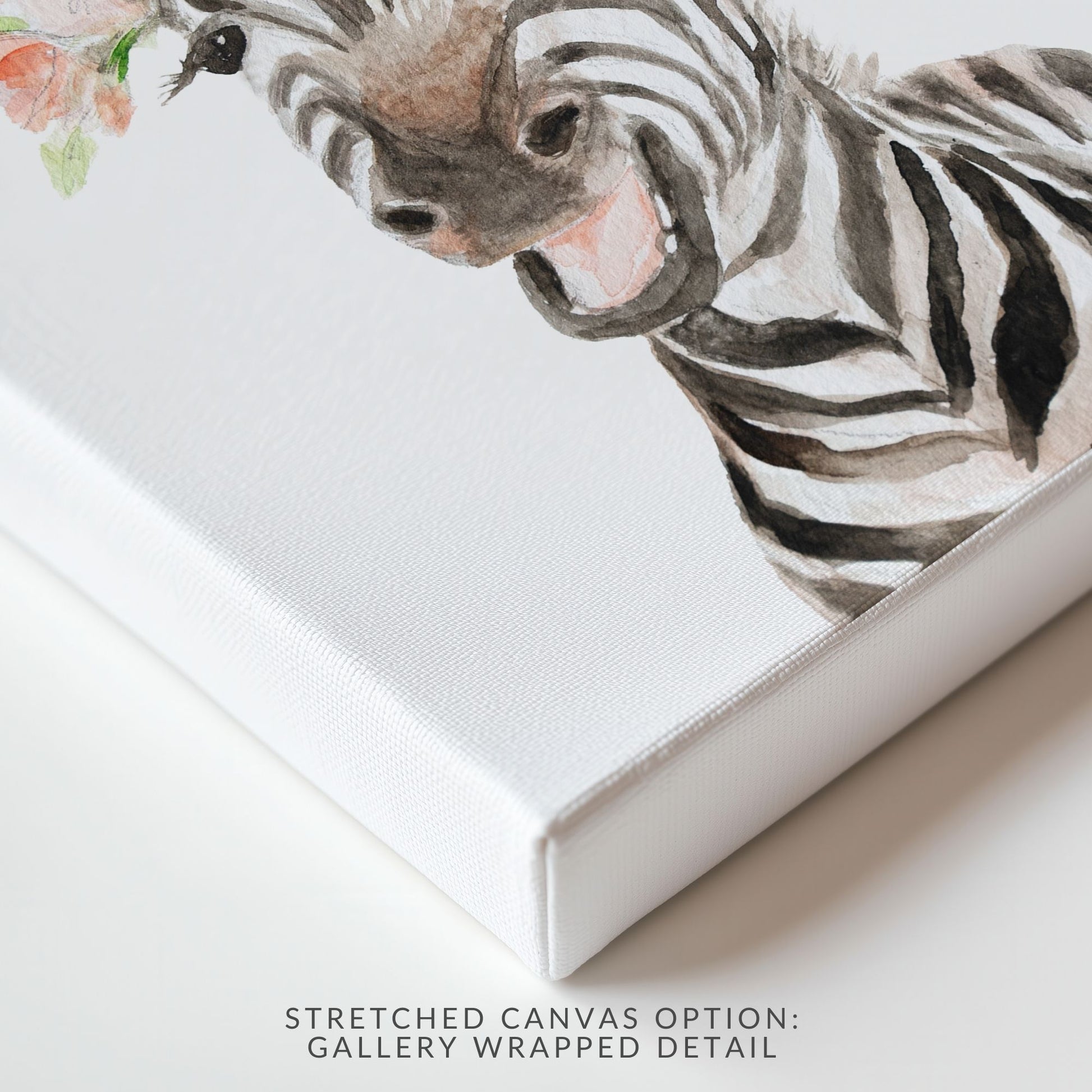 Stretched canvas print of watercolor zebra with pink blossom flower crown showing gallery-wrapped edges and texture
