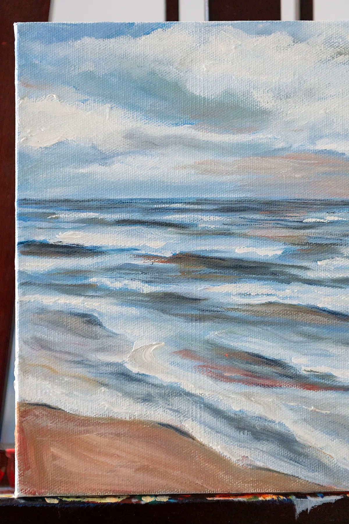 Close-up of tidal pool-inspired texture and brushstrokes in the oil painting "Turning Point"