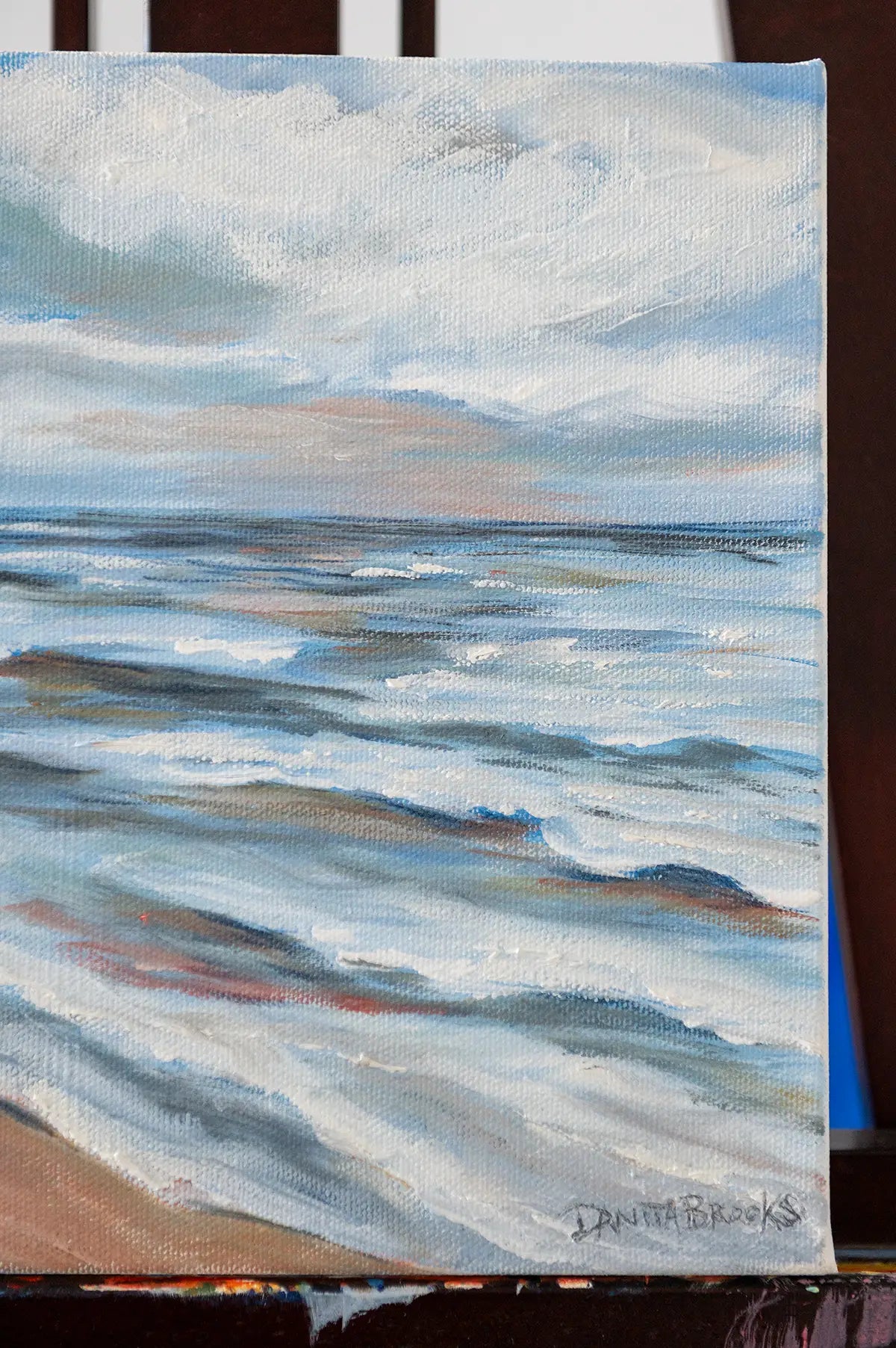 Signature detail on bottom corner of "Turning Point" oil painting on 1.5-inch gallery wrapped canvas