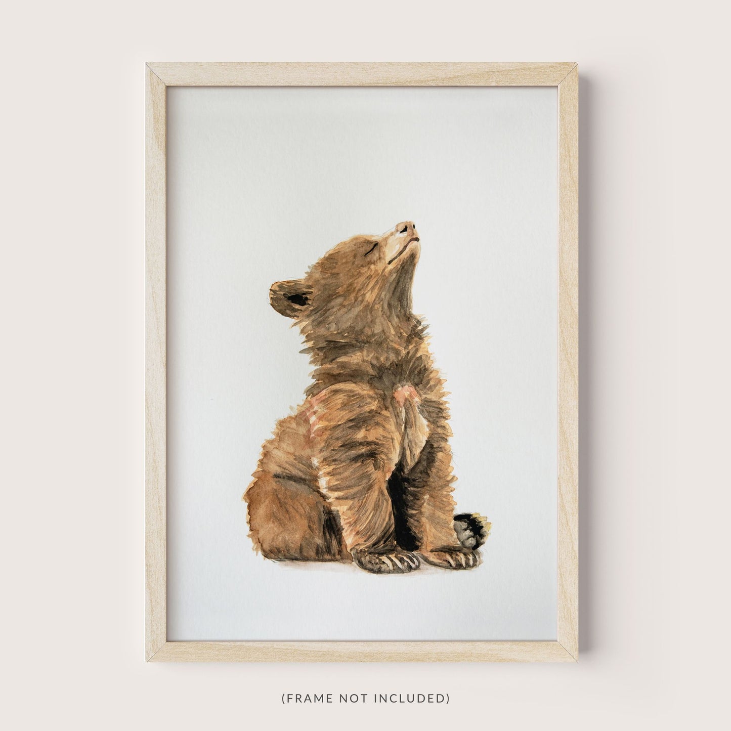 Watercolor baby bear art print in wood frame – rustic woodland nursery wall decor for kids room
