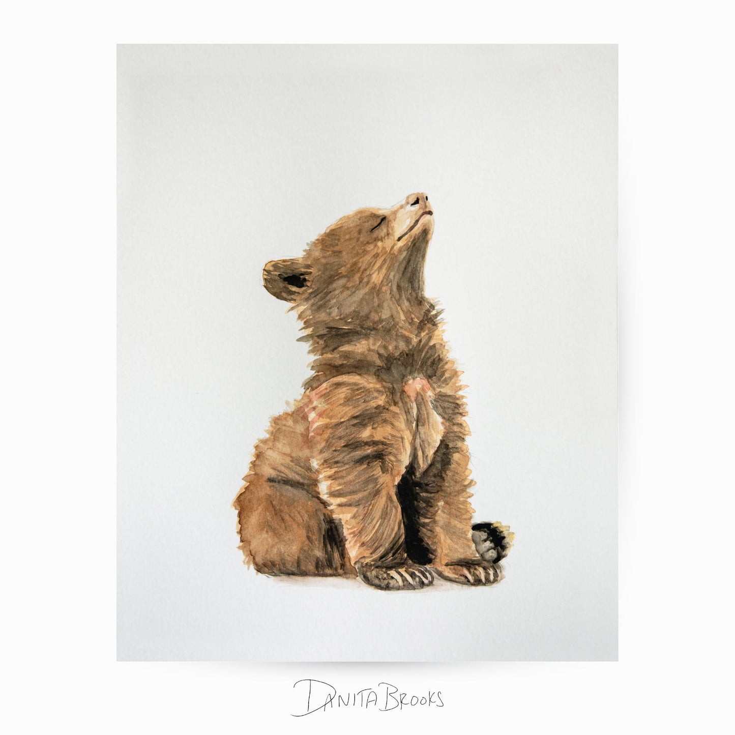 Unframed watercolor baby bear painting – soft forest animal print for nursery or toddler room