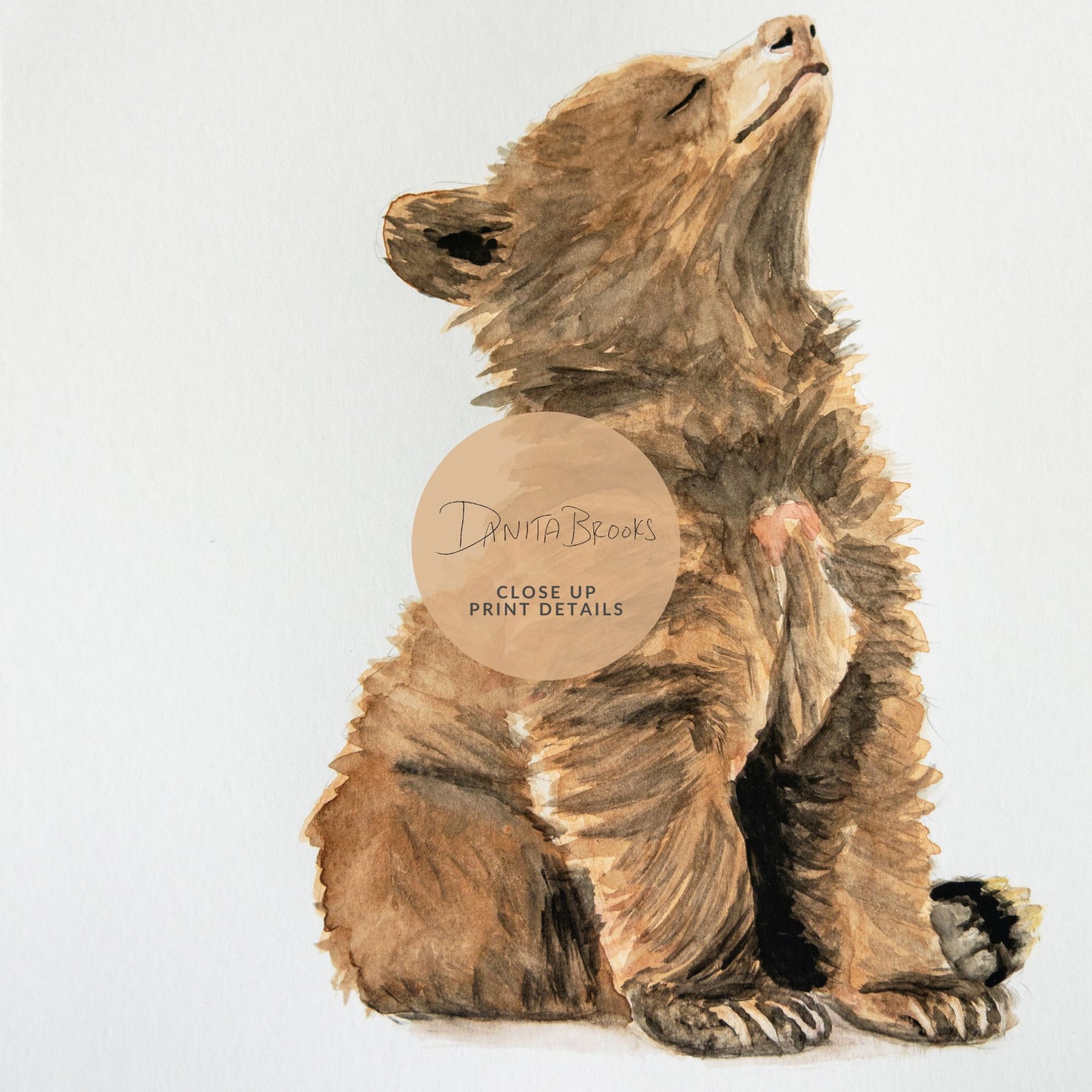 Detail of baby bear art print showing gentle watercolor strokes and sweet forest tones