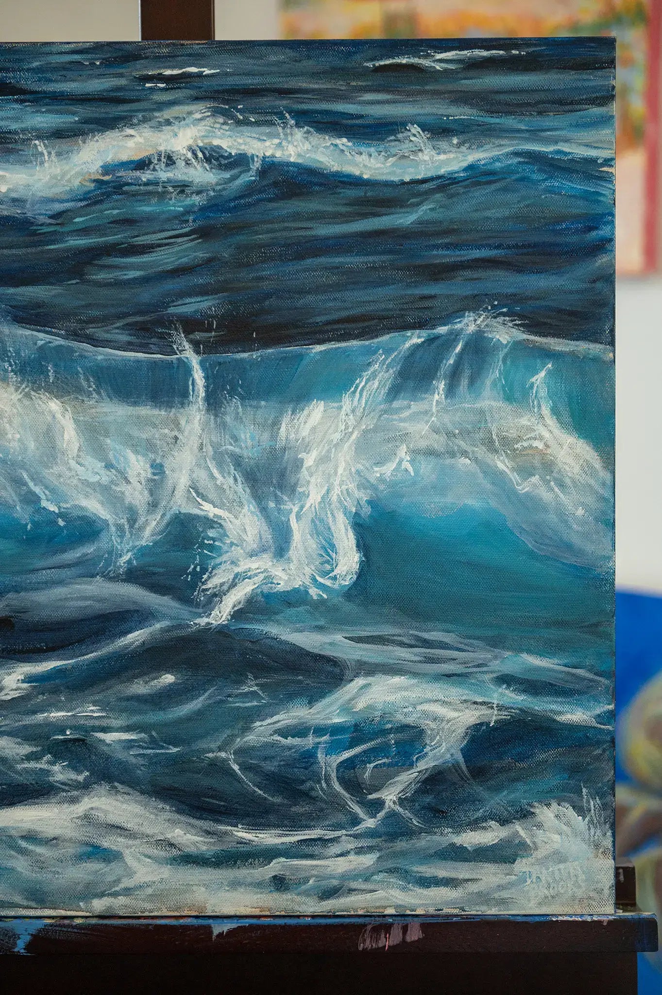 Details of "Nanosecond" original acrylic ocean wave painting on 1.5-inch gallery wrapped canvas also showing artist signature in bottom corner
