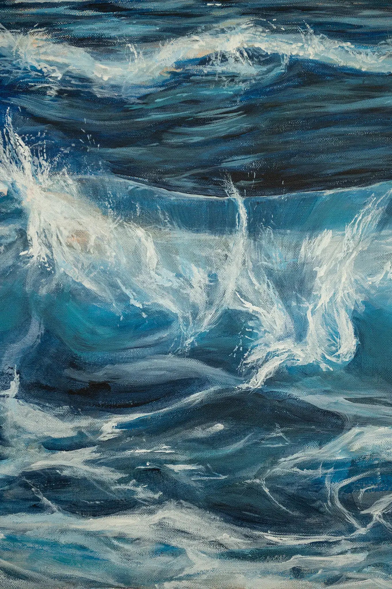 Close up details of "Nanosecond" original acrylic ocean wave painting on 1.5-inch gallery wrapped canvas