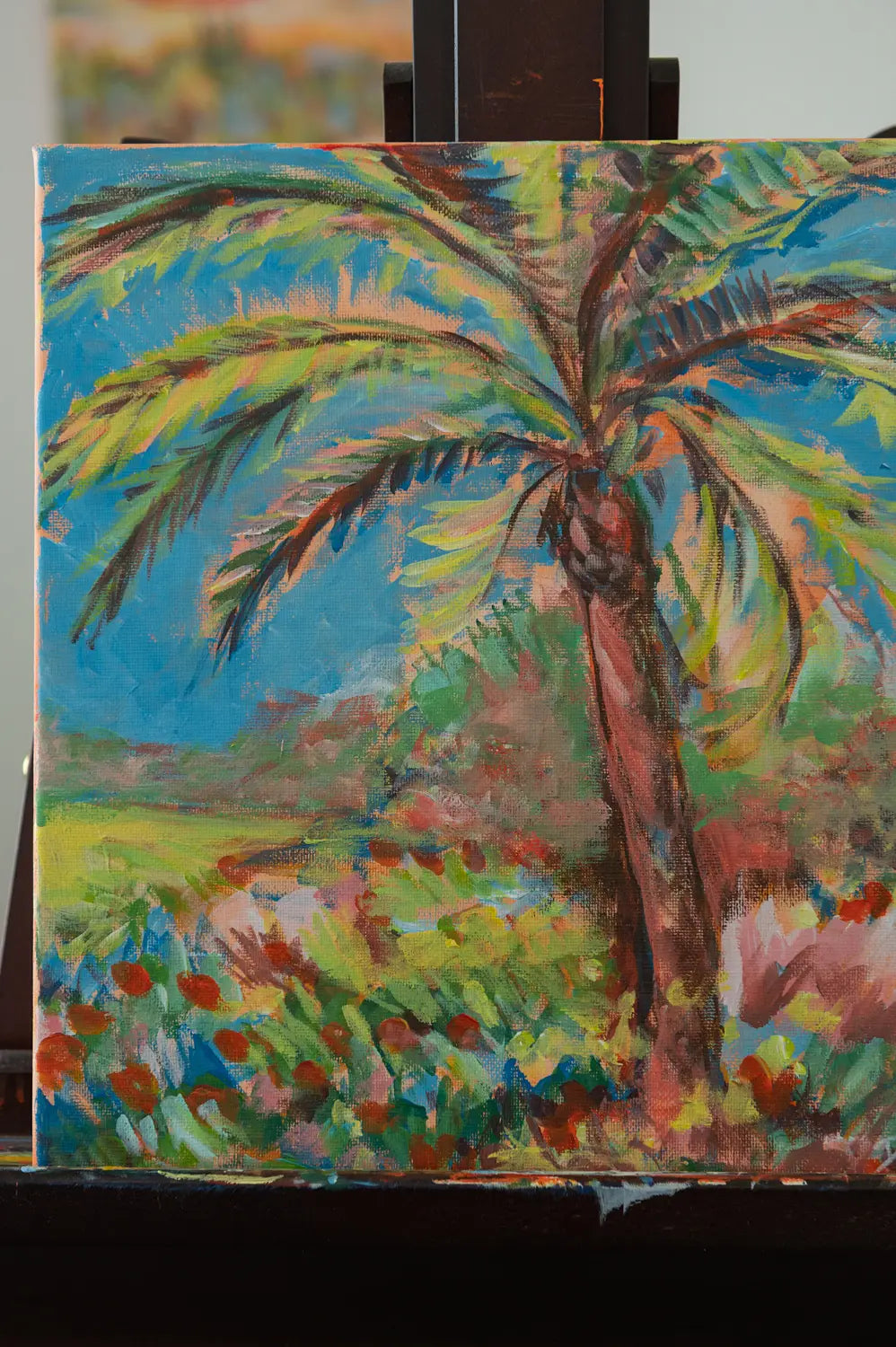 Close-up of blue sky detail and textured acrylic brushwork in "Midday Blues" original painting