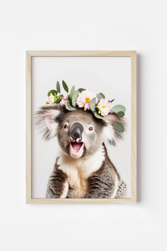 a koala with a flower crown on its head