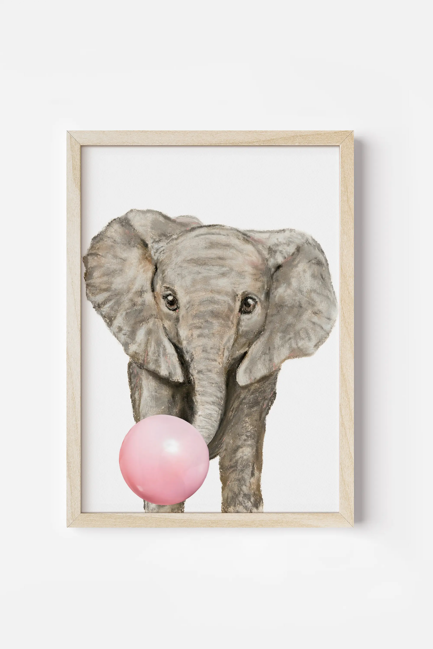 a picture of an elephant holding a pink balloon