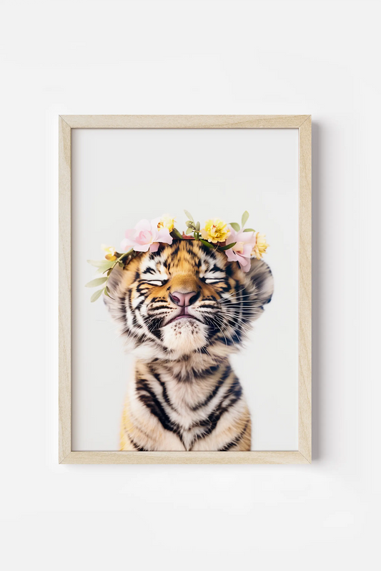 a picture of a tiger wearing a flower crown