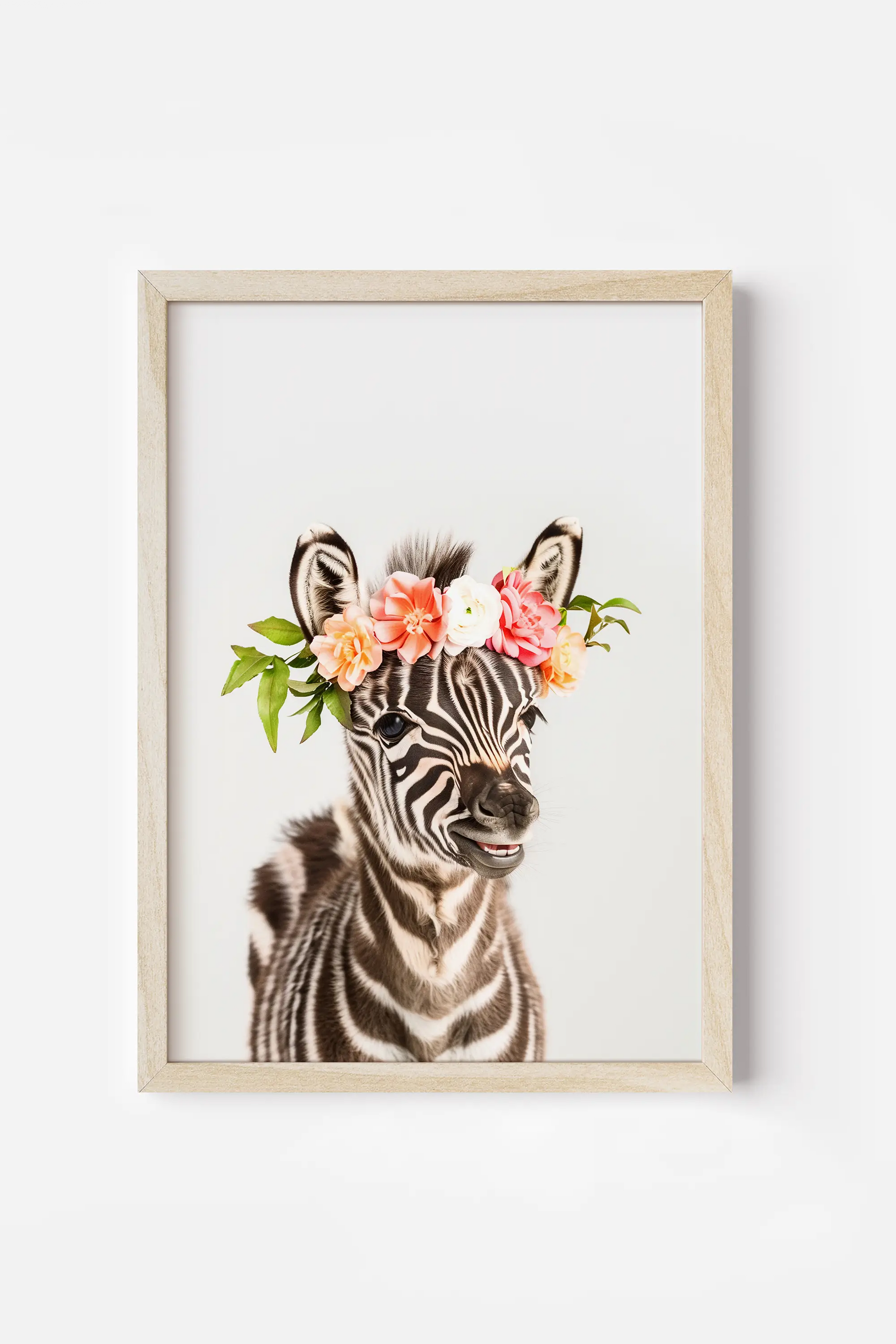 a zebra with a flower crown on its head