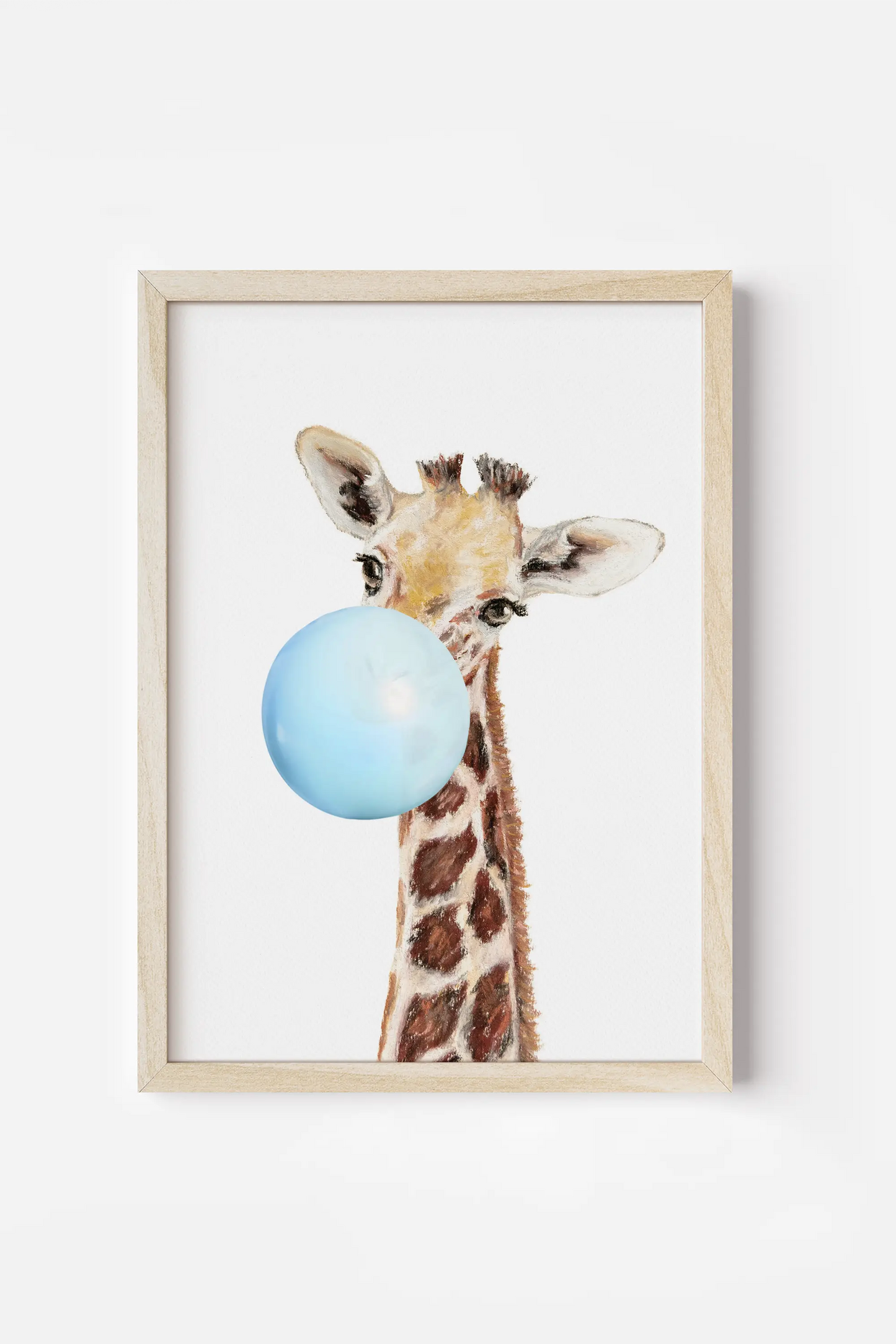 a picture of a giraffe holding a blue balloon