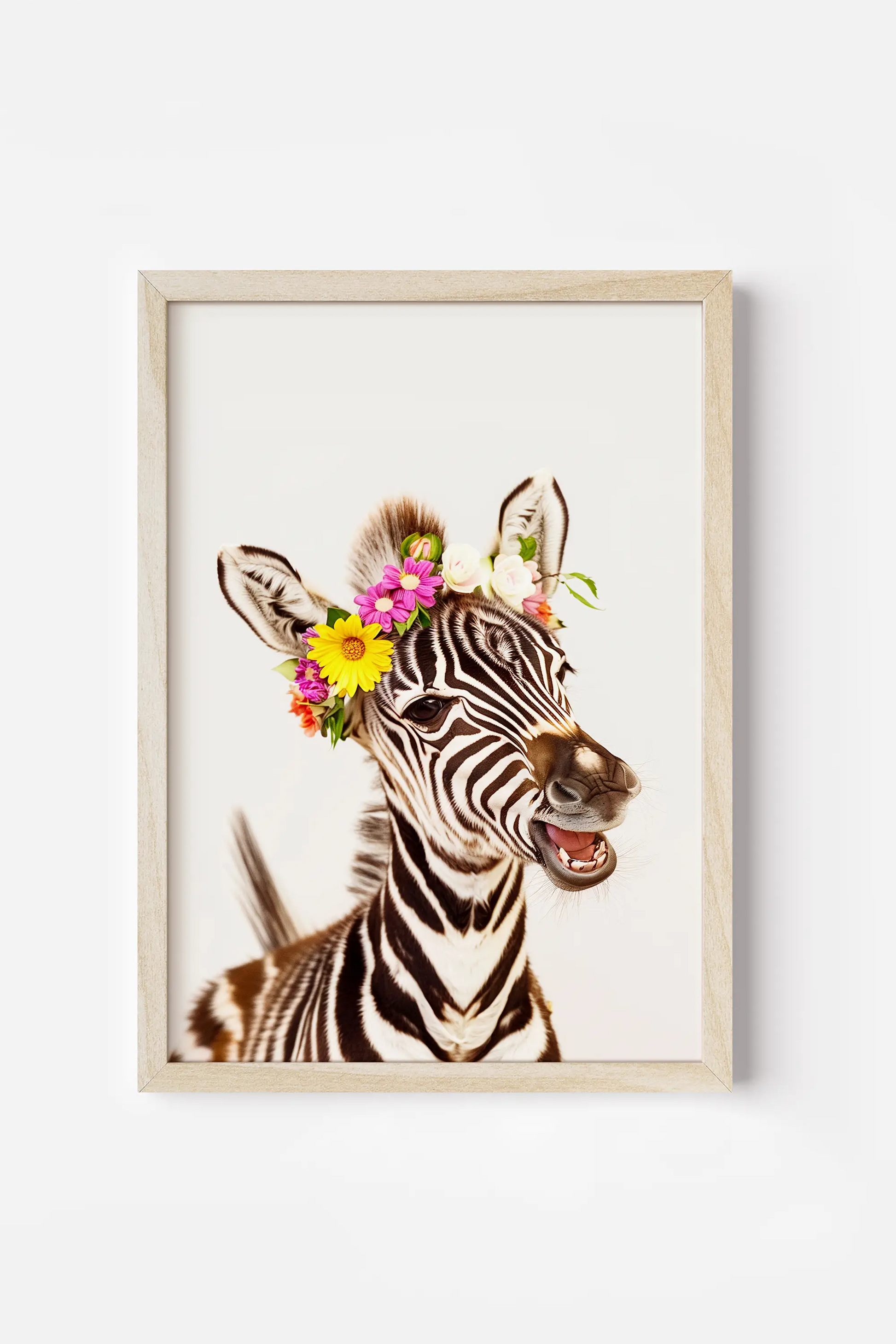 a zebra with a flower crown on its head