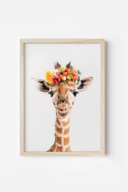 a giraffe with a flower crown on its head