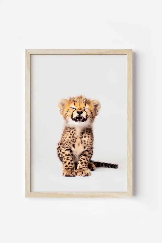 a framed photograph of a cheetah cub