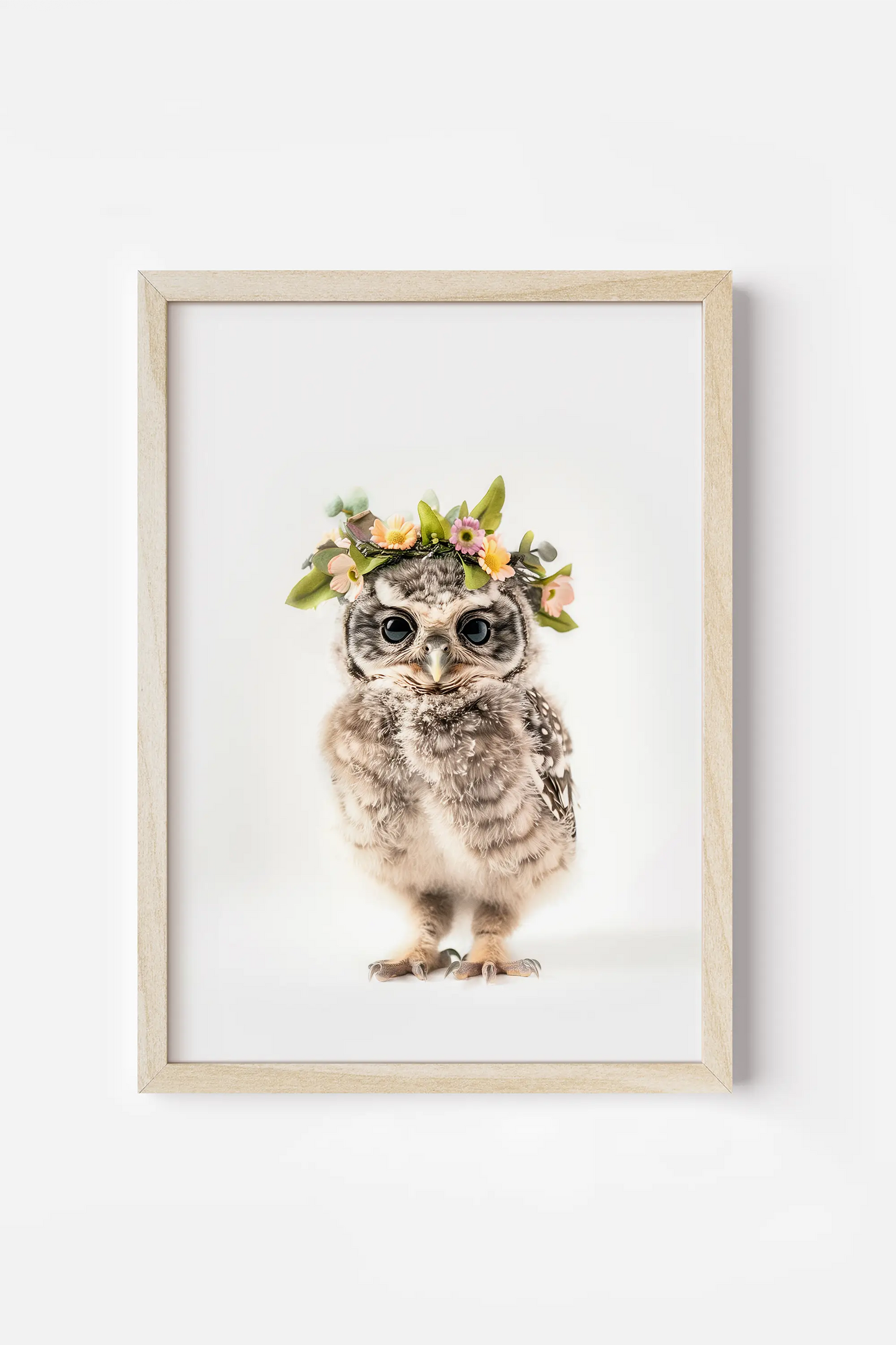 an owl with a flower crown on its head