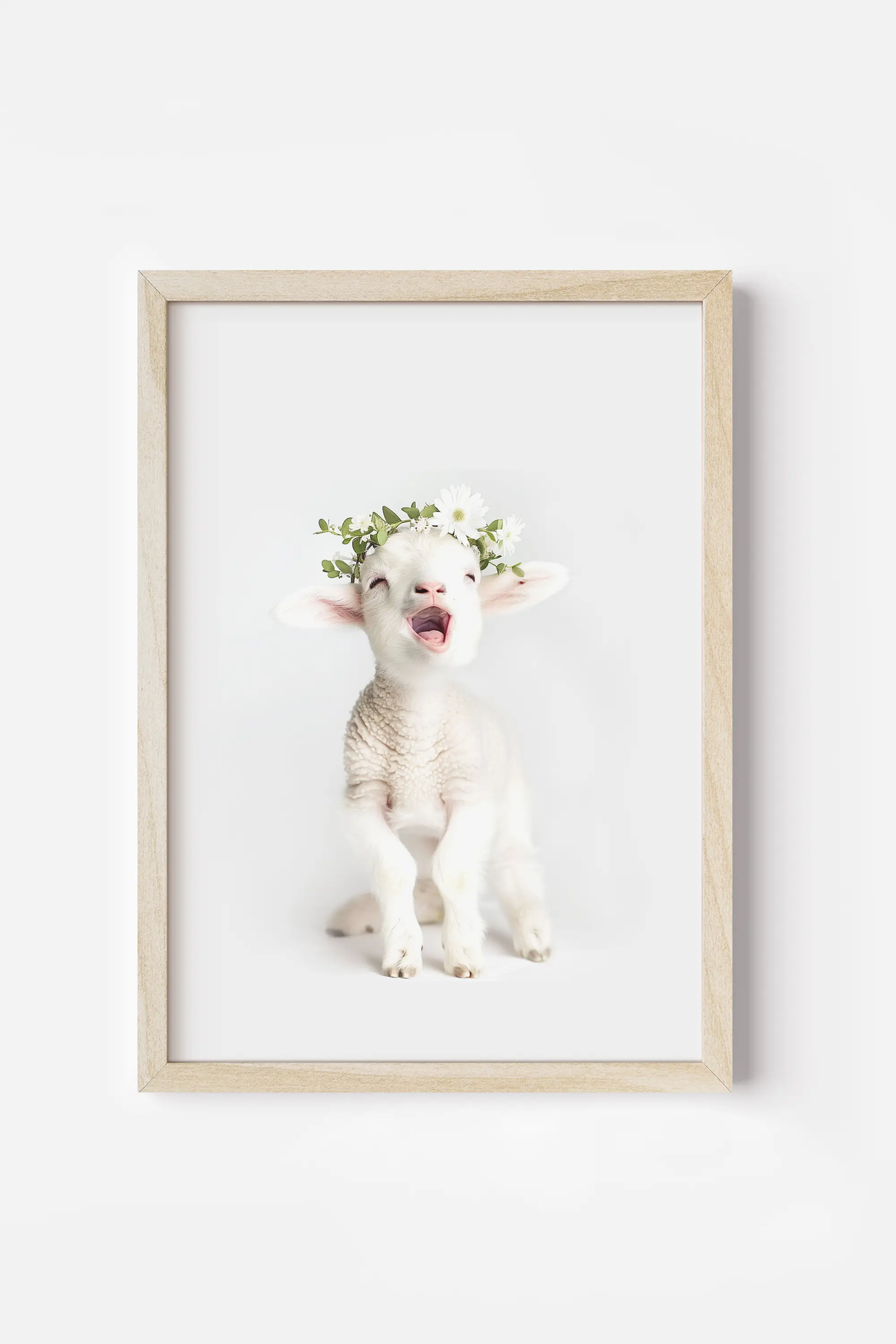 a sheep with a flower crown on its head