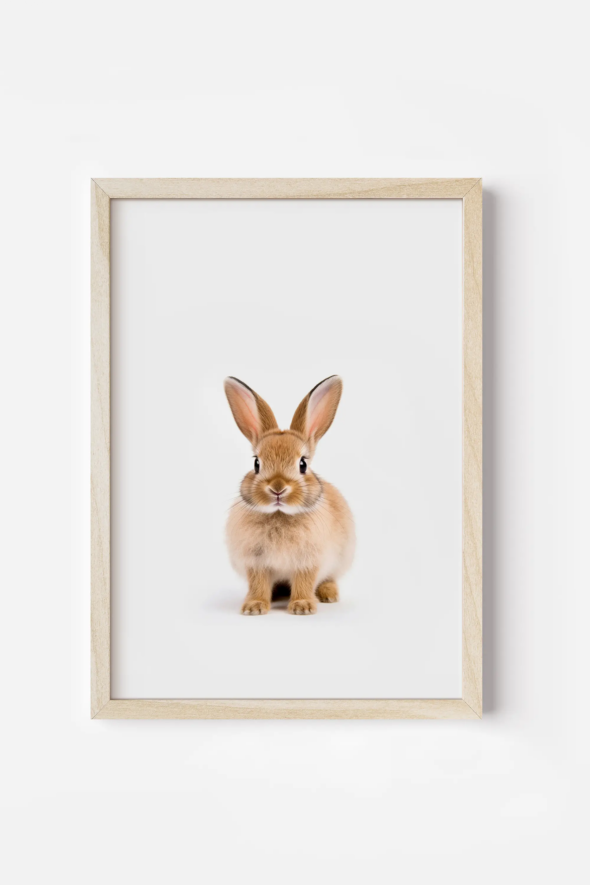 a brown rabbit sitting in front of a white wall