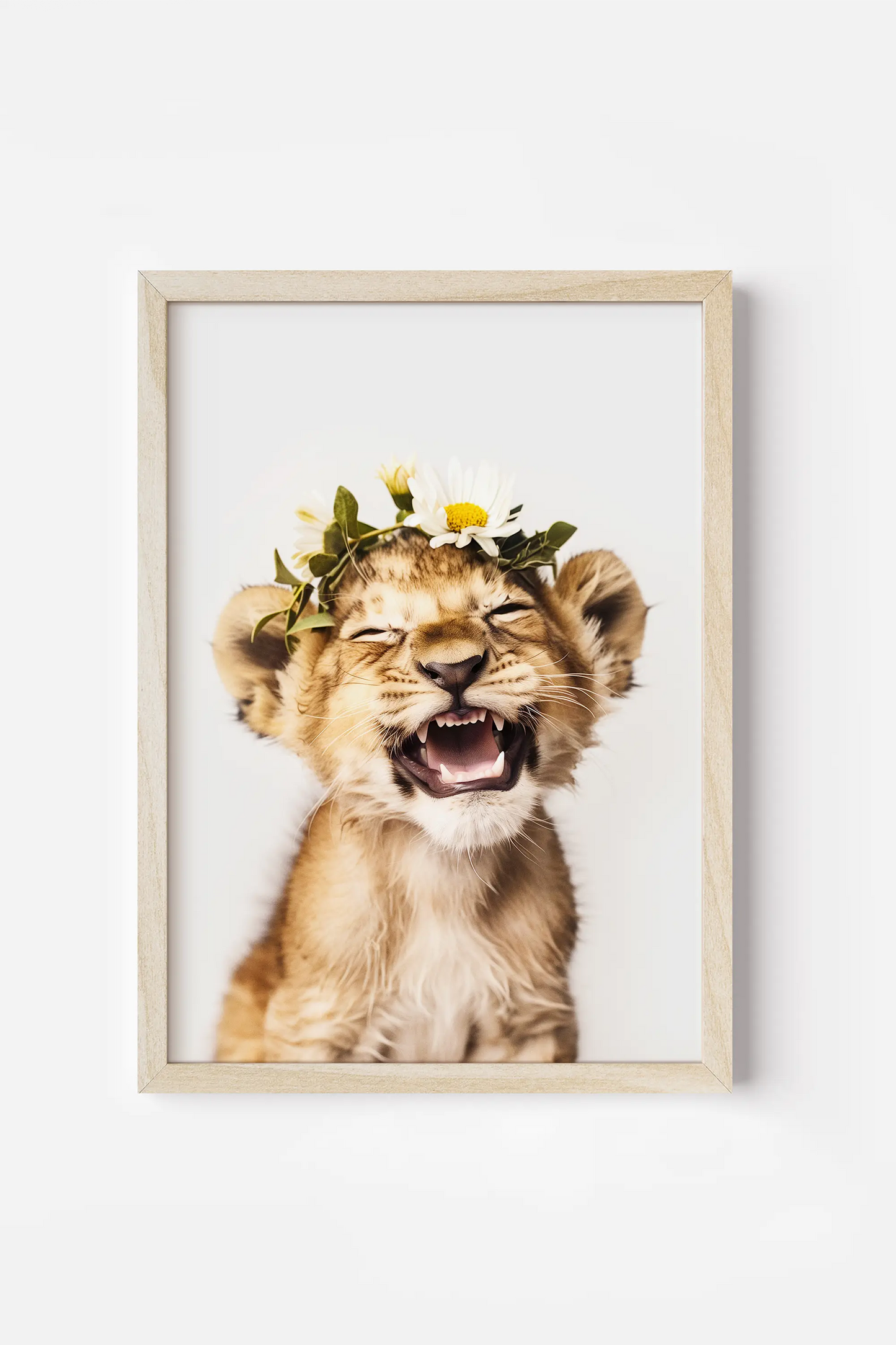 a picture of a lion with a flower crown on its head