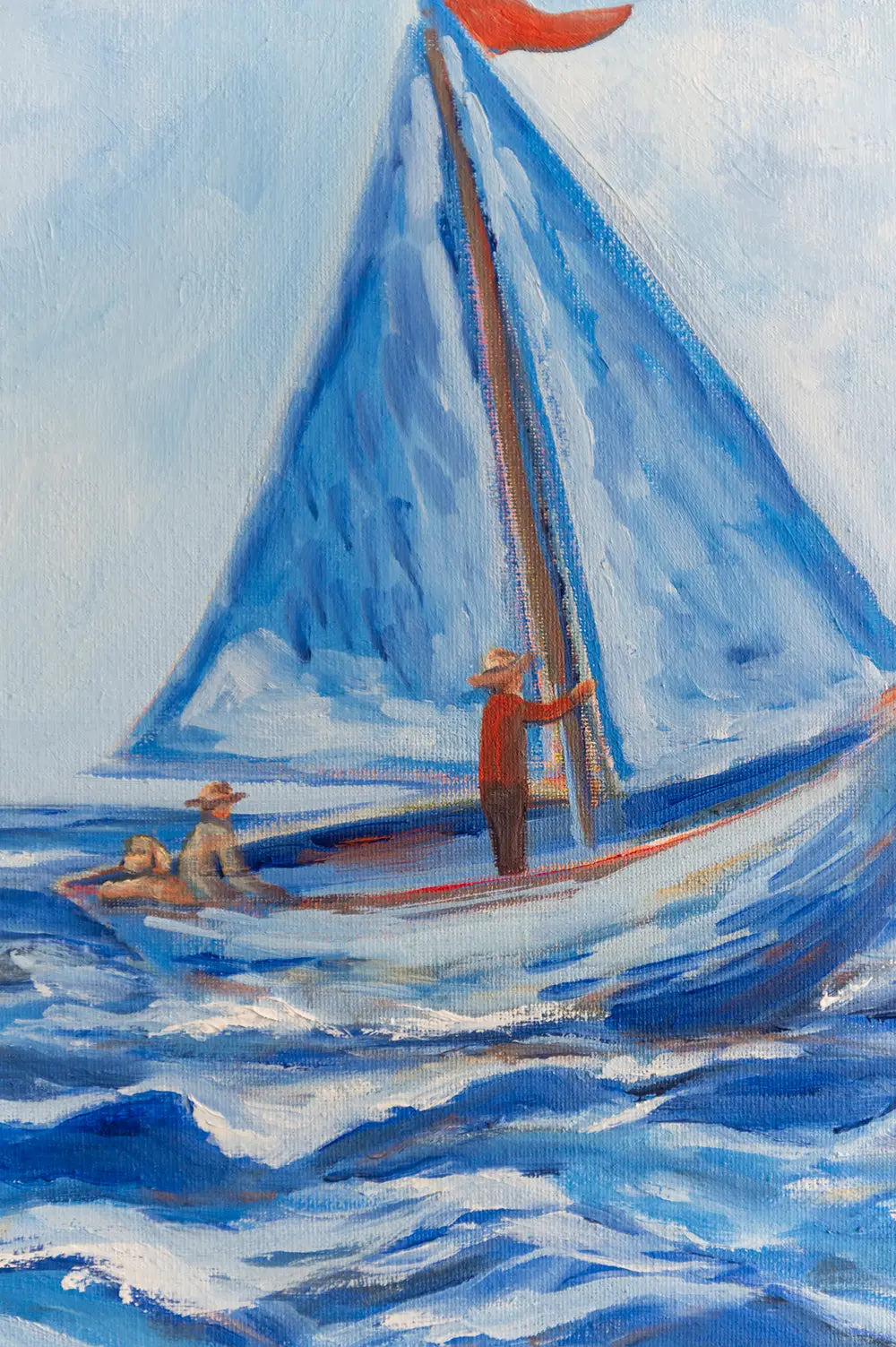 Close-up of Along for the Ride, showing blue sails, a red flag, and loose brushstrokes forming white-capped ocean waves.