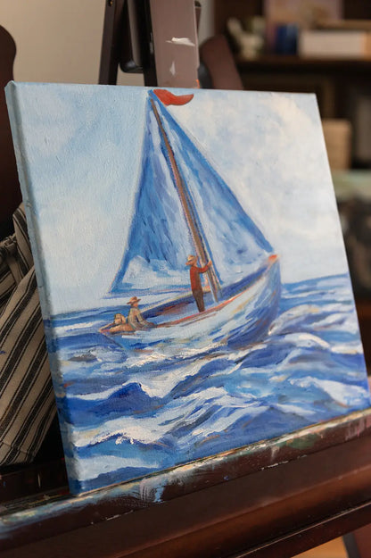 Angled view of Along for the Ride on a studio easel, showing the painted canvas and its edge.
