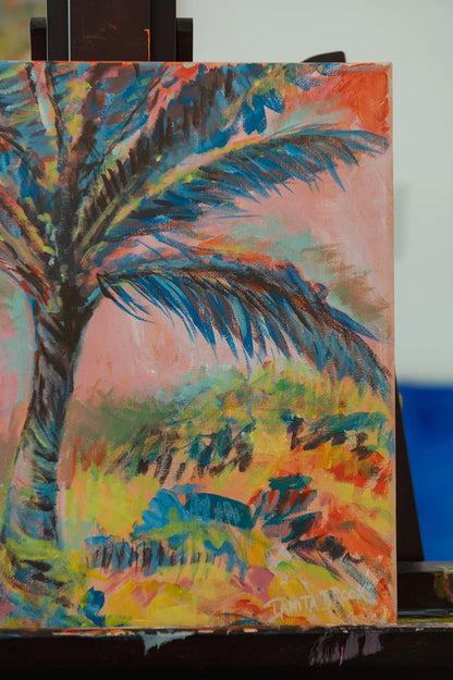 Artist signature on "Cotton Candy Skies" original tropical artwork