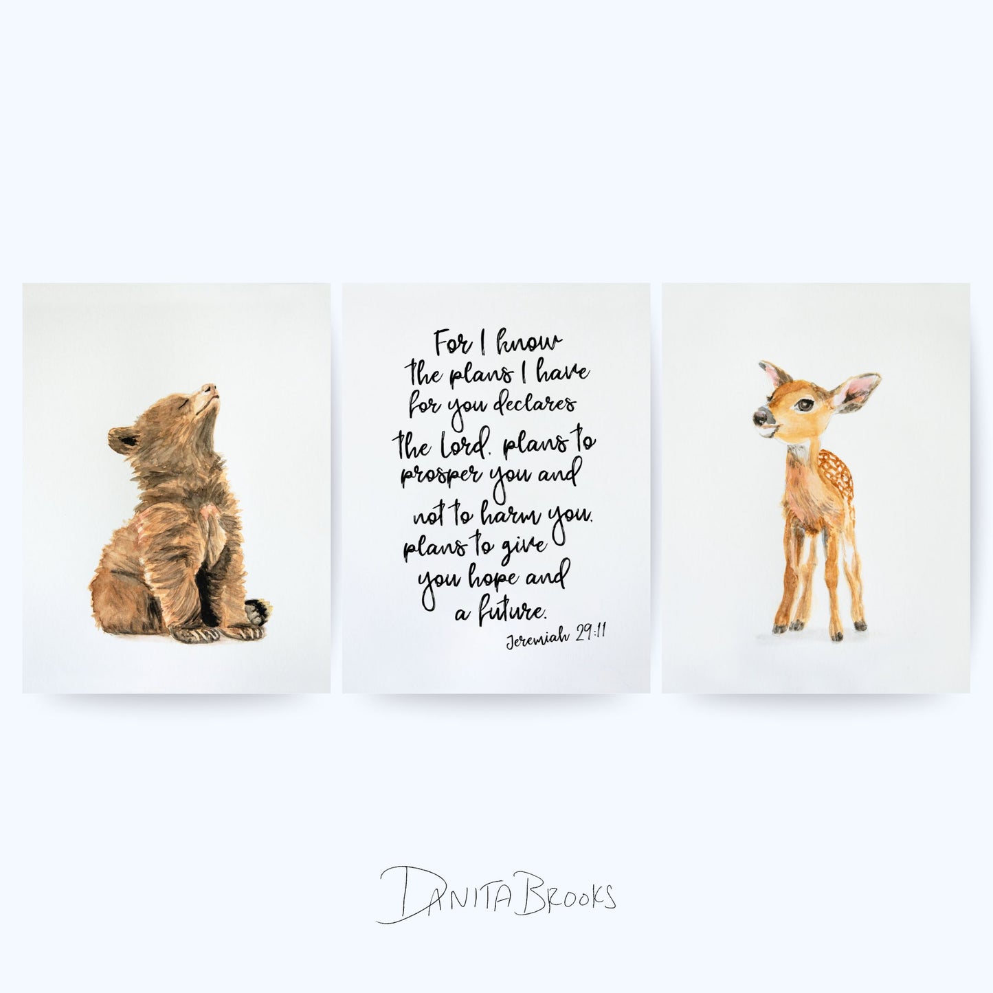 Unframed baby bear, deer, and Jeremiah 29:11 scripture print set – woodland Bible verse nursery wall art