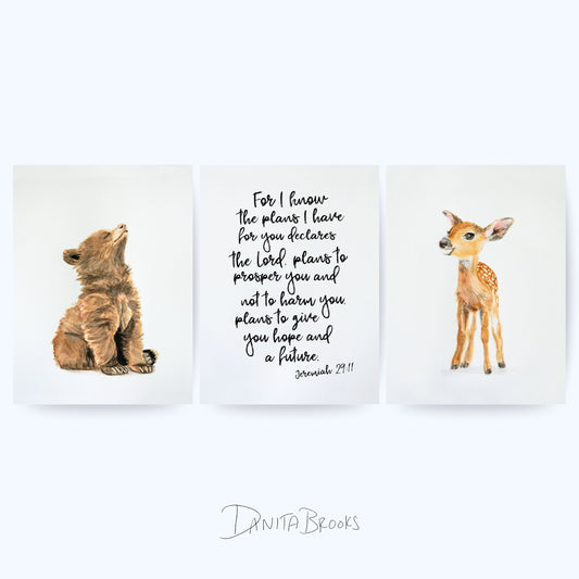 Unframed baby bear, deer, and Jeremiah 29:11 scripture print set – woodland Bible verse nursery wall art