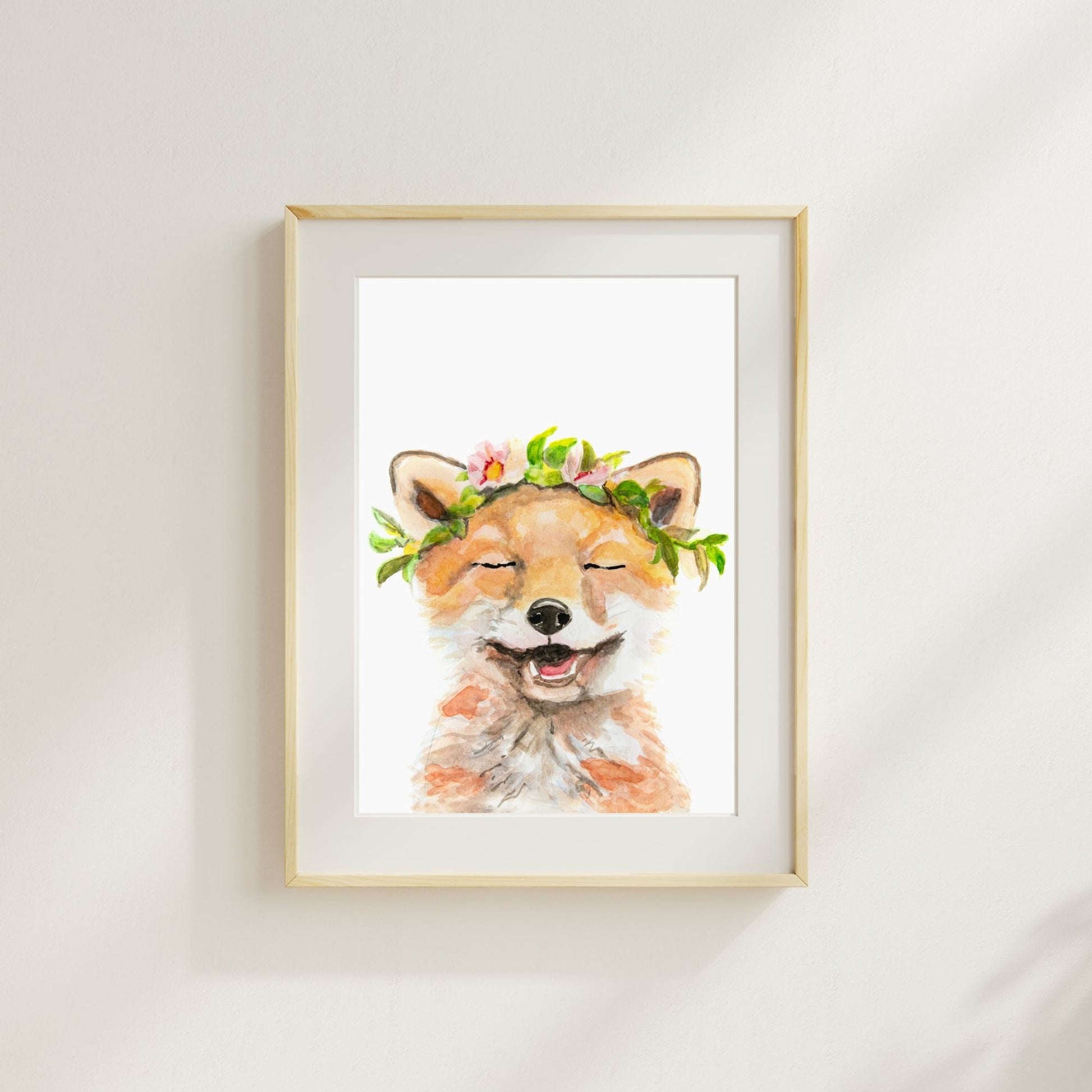 Woodland nursery flower crown fox print – sweet animal wall decor for baby girl’s room made for original watercolor paintings by Danita Brooks 