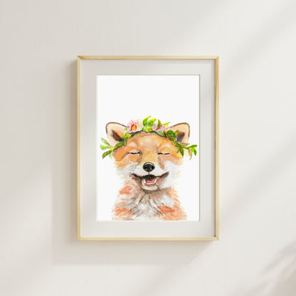 Woodland nursery flower crown fox print – sweet animal wall decor for baby girl’s room made for original watercolor paintings by Danita Brooks 