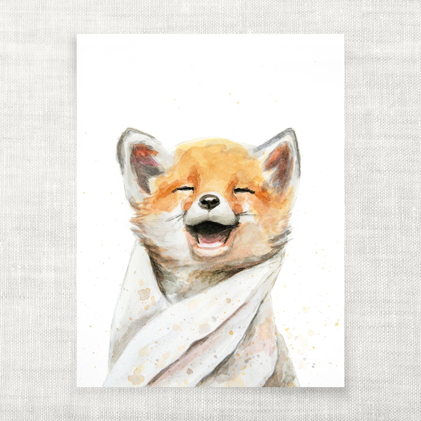 Watercolor illustration of a fox with a happy expression on a light gray background