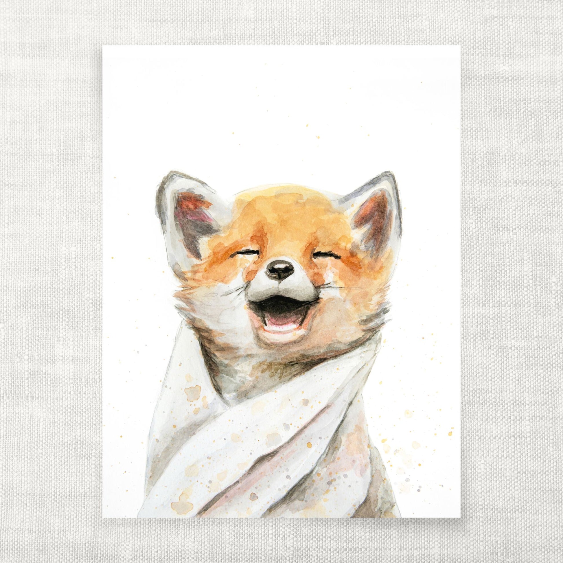 Watercolor illustration of a fox with a happy expression on a light gray background