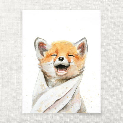 Watercolor illustration of a fox with a happy expression on a light gray background