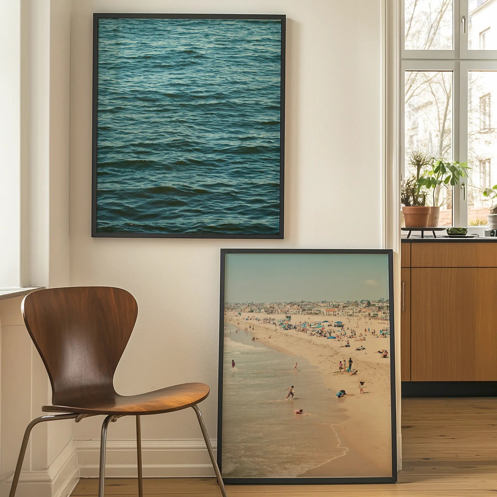 Coastal photography art prints in a living room by Danita Brooks Studio
