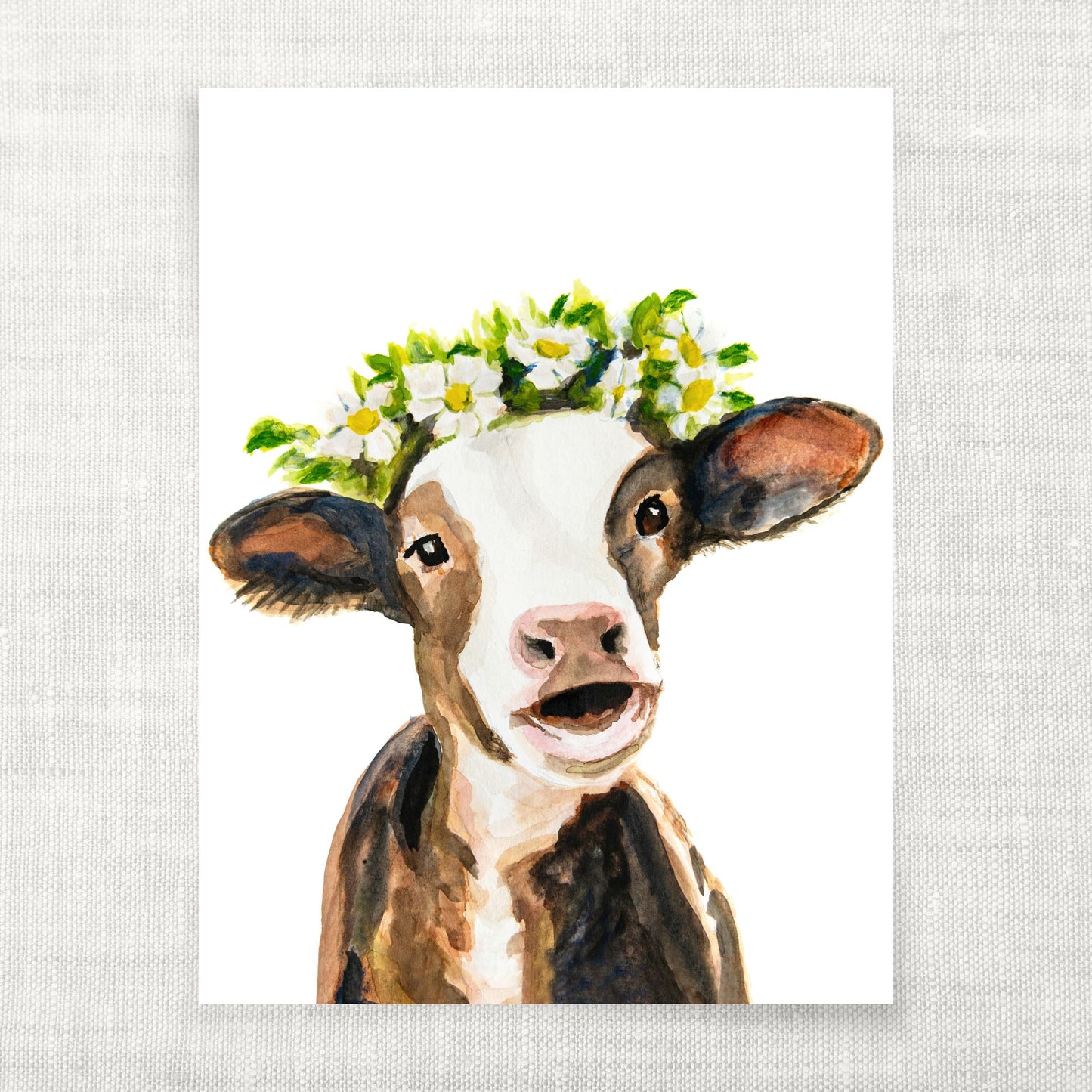 Painting of a cow with a flower crown on a textured gray background