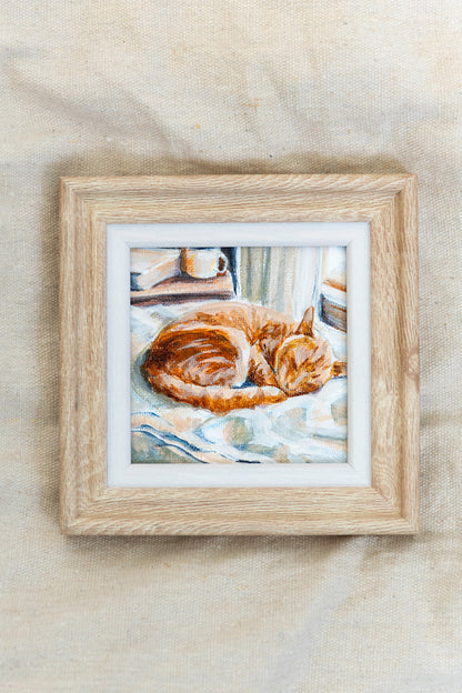Sunlit Nap – Framed Mini Tabby Cat Painting
