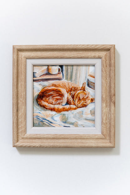 Sunlit Nap – Framed Mini Tabby Cat Painting