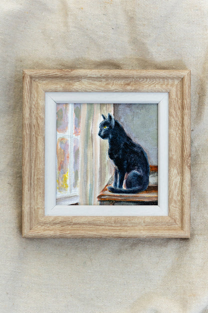 Watching the Light Change – Framed Mini Black Cat Painting