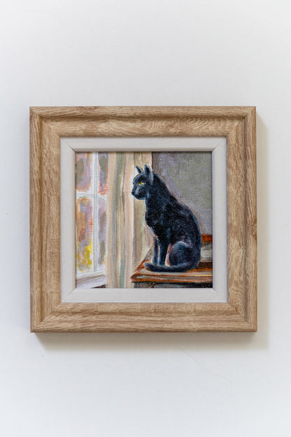 Watching the Light Change – Framed Mini Black Cat Painting