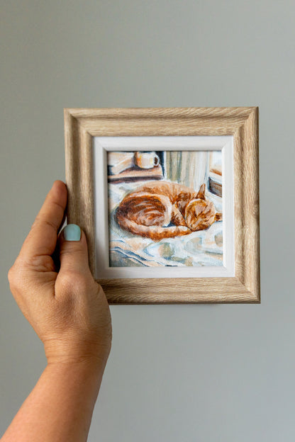 Sunlit Nap – Framed Mini Tabby Cat Painting