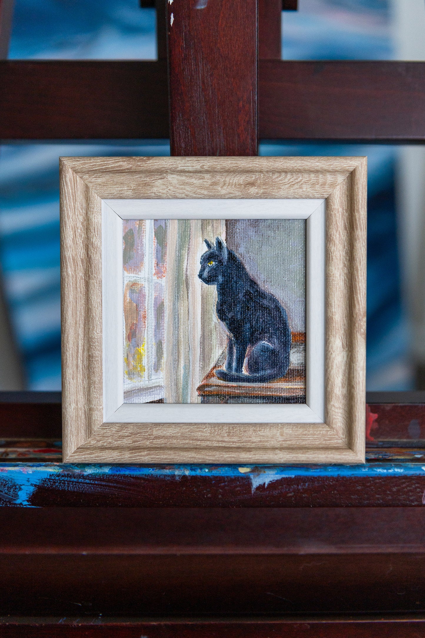 Watching the Light Change – Framed Mini Black Cat Painting