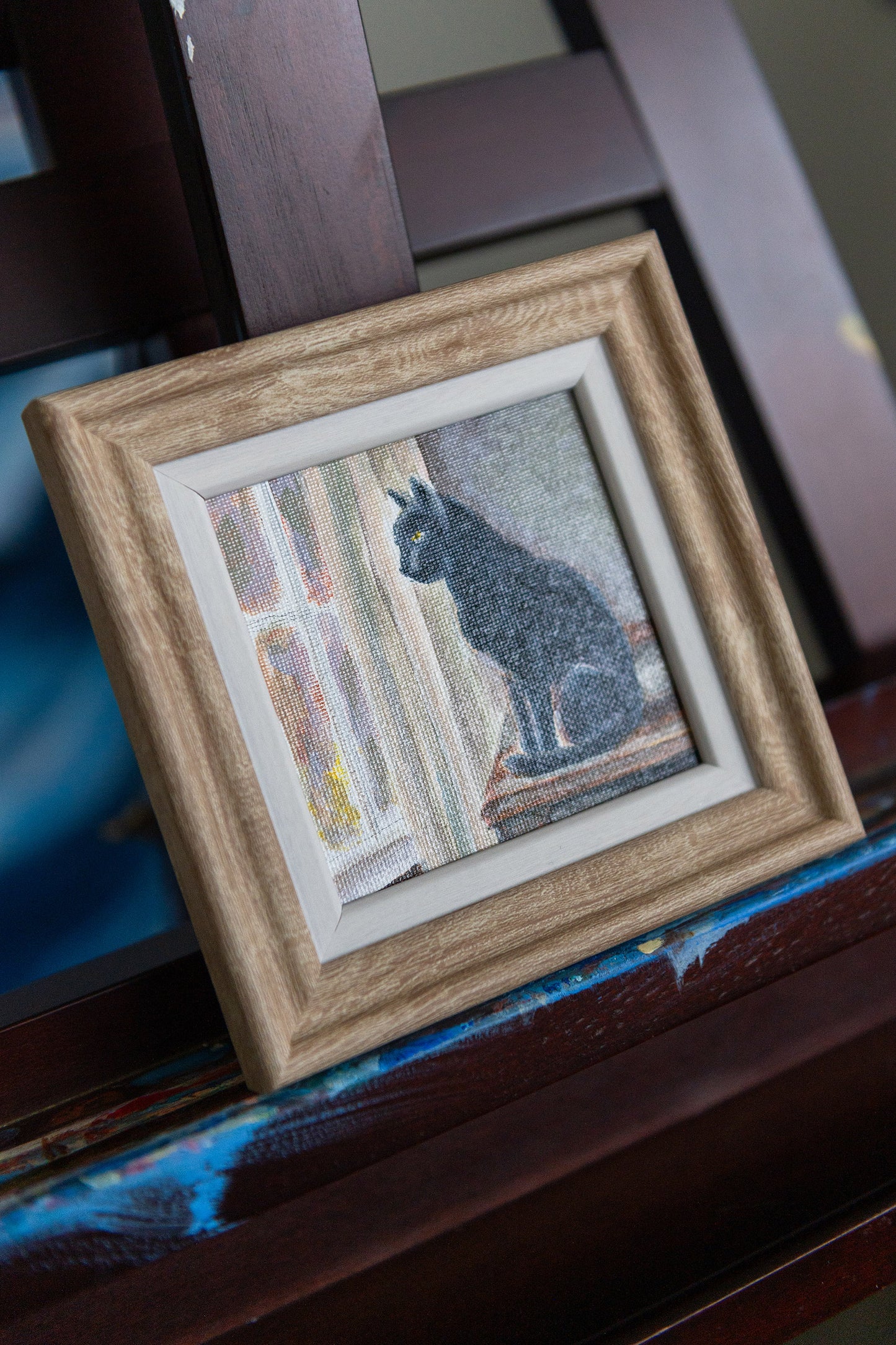 Watching the Light Change – Framed Mini Black Cat Painting