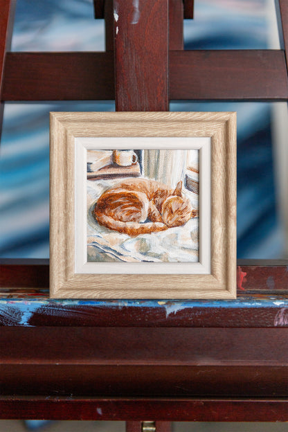 Sunlit Nap – Framed Mini Tabby Cat Painting