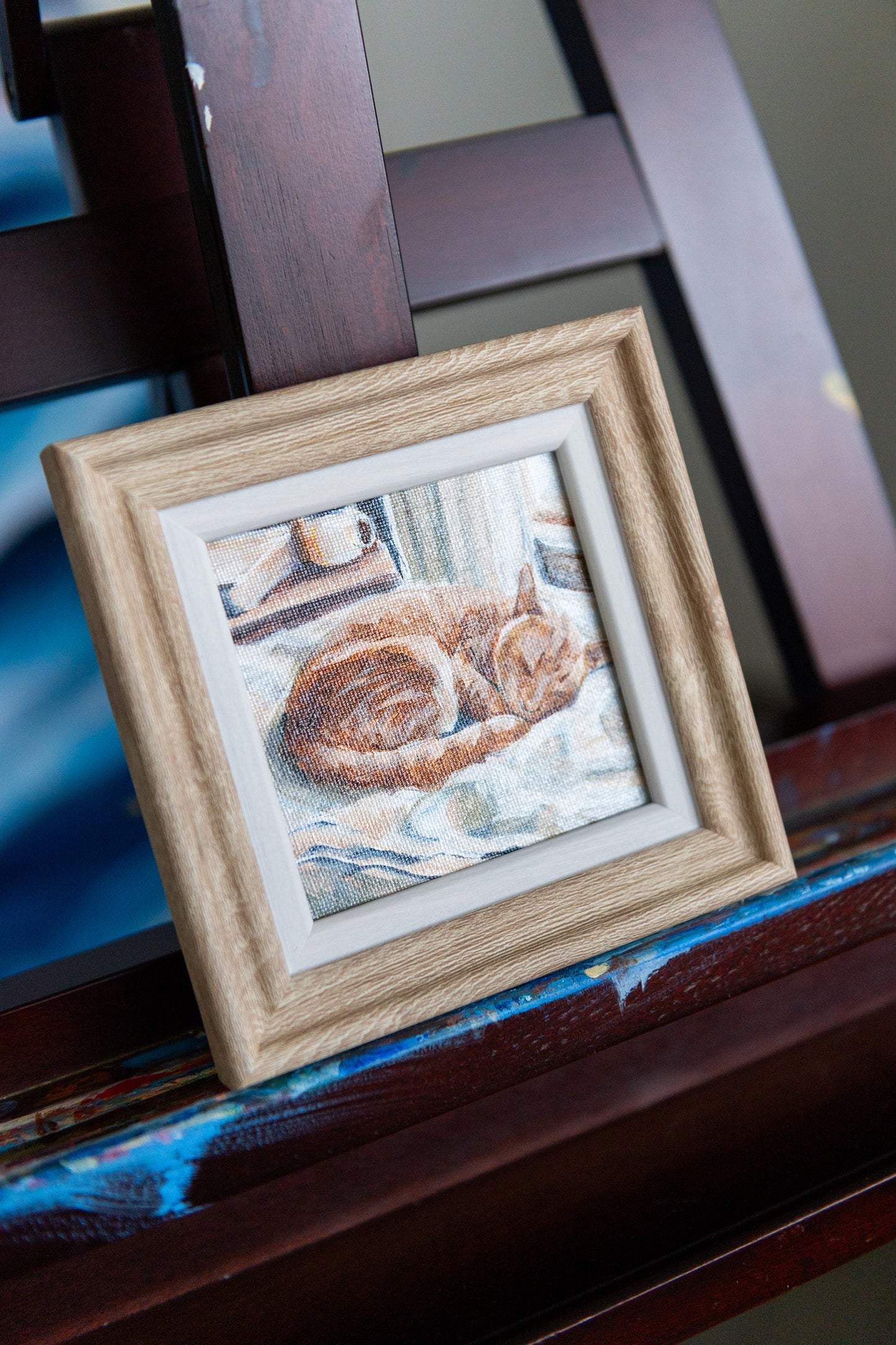 Sunlit Nap – Framed Mini Tabby Cat Painting