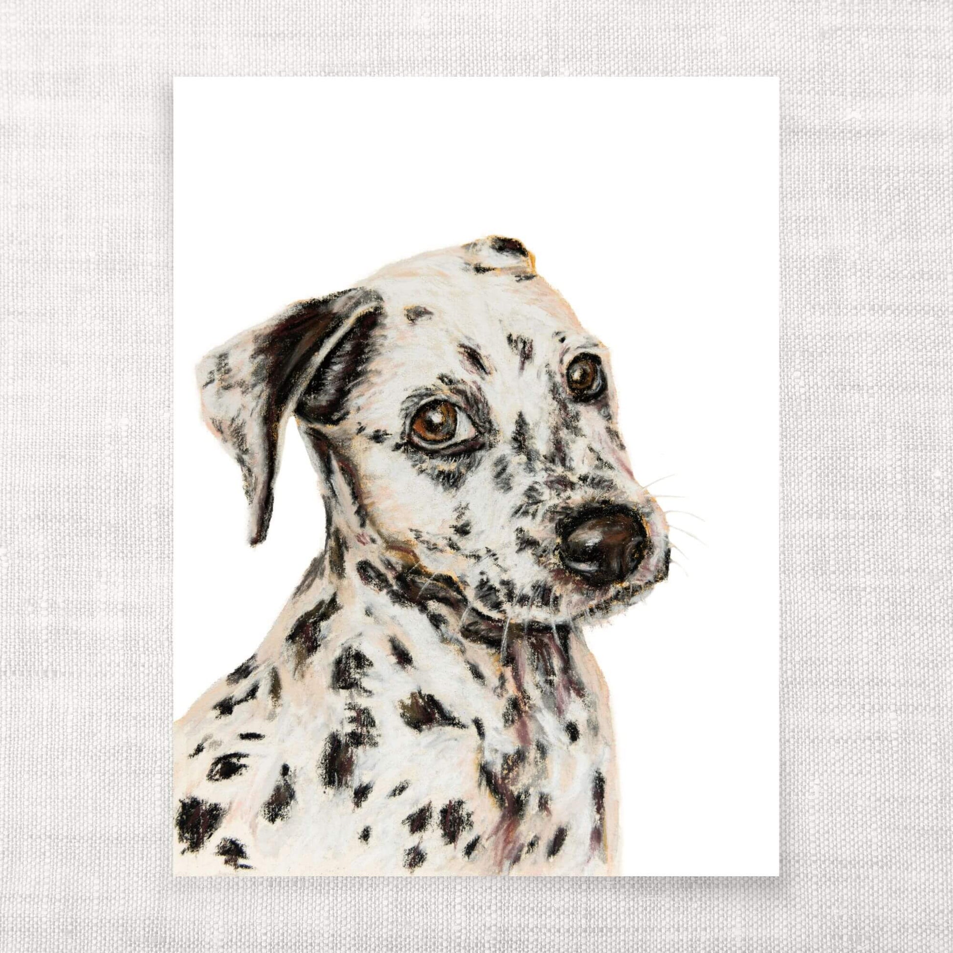 Art print of a Dalmatian dog on a textured gray background
