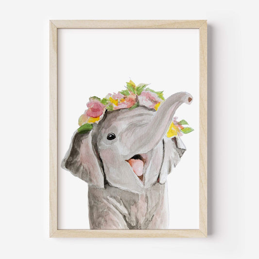 Framed watercolor elephant with flower crown nursery wall art print