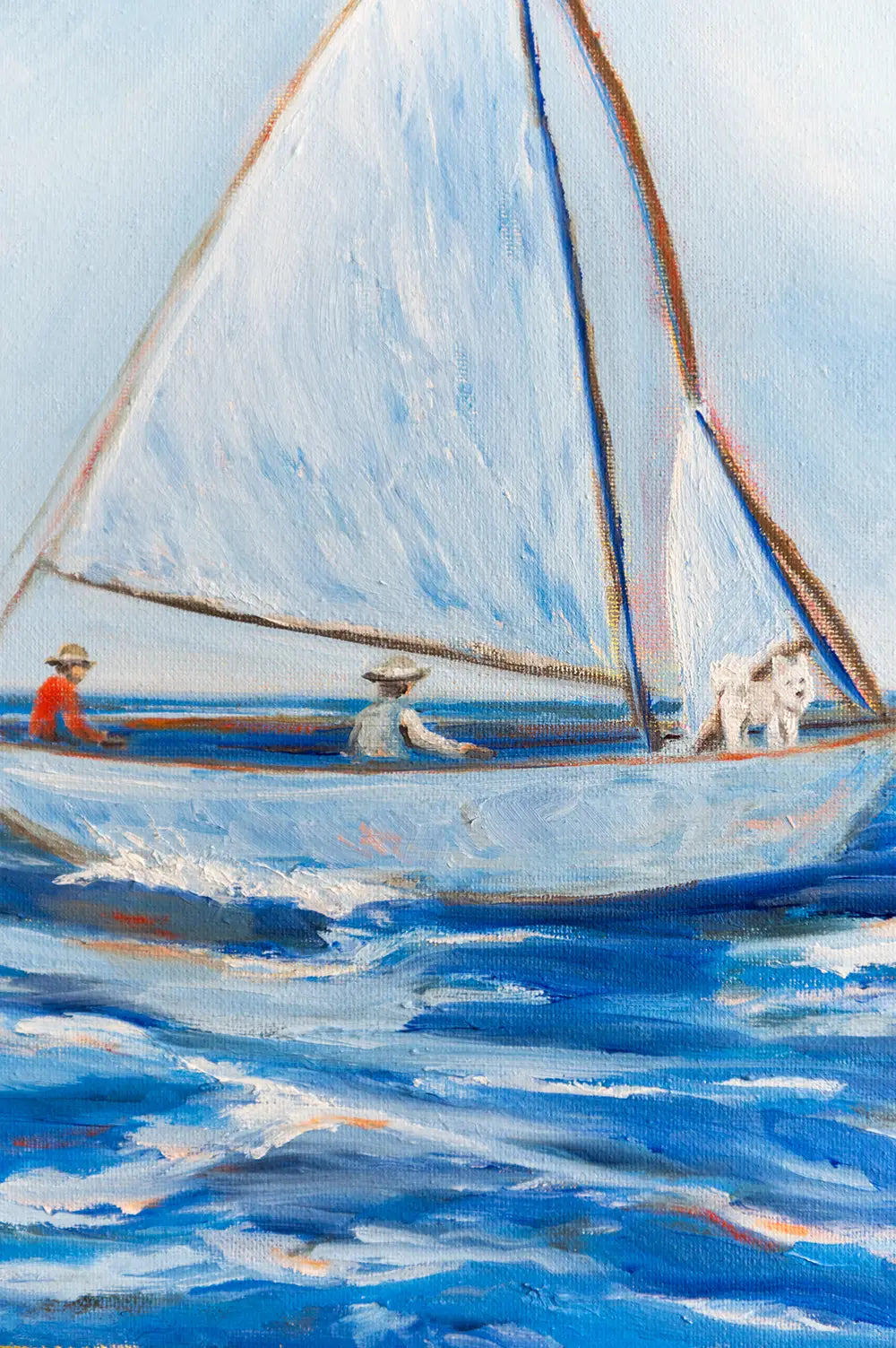 Close-up of "First Mate" boat oil painting, showing pale blue sails, two seated figures, and a white dog near the bow above textured ocean waves.