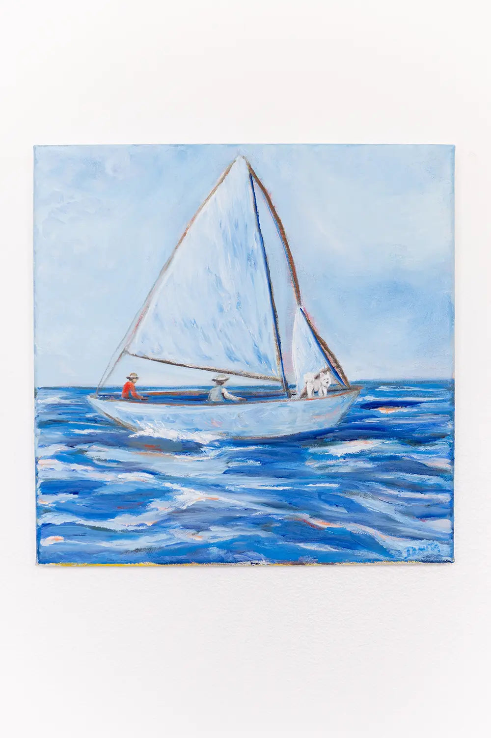 "First Mate" oil painting displayed on a white wall, featuring a sailboat with pale blue sails crossing a sea of blue and white waves.
