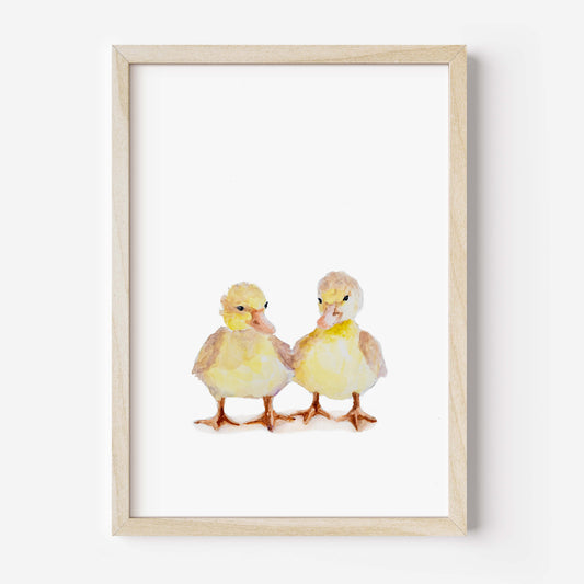 Framed artwork of two yellow ducklings on a white background