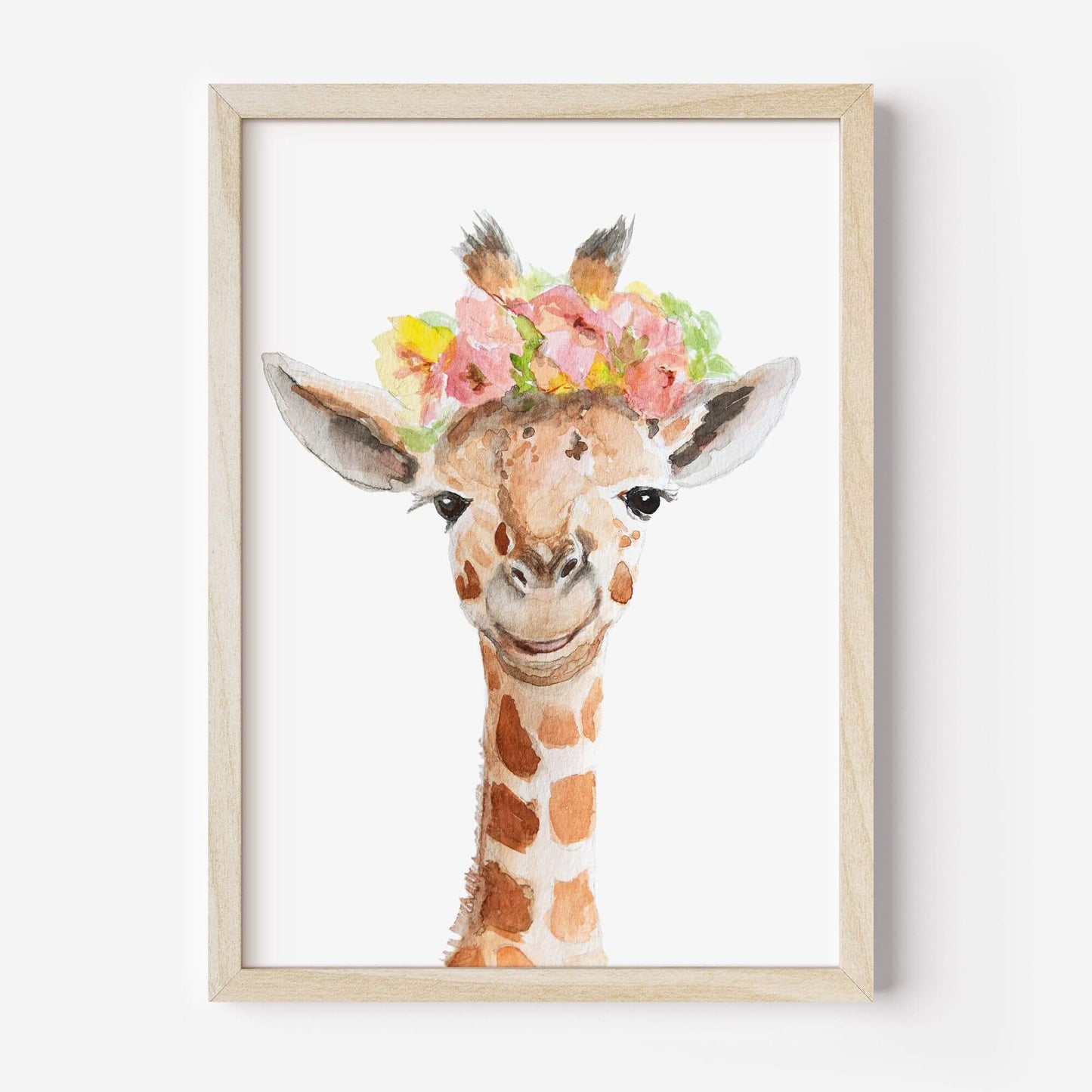 Framed watercolor giraffe with flower crown nursery wall art print